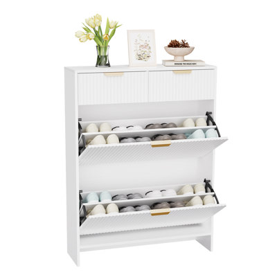 Fluted Slim Shoe Cabinet with 2 Drawers and 2 Flip Drawers | Adjustable Shelves, Holds 16‑25 Pairs of Shoes, Gold Metal Handles, Narrow Storage for Entryway or Hallway (Modern Classic Design)