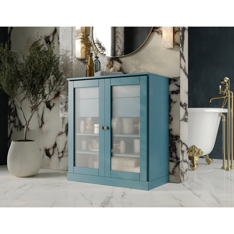 100% Solid Wood 32" Bathroom Cabinet with Frosted Glass Doors, 2-Drawers and Adjustable Shelves, Teal Blue