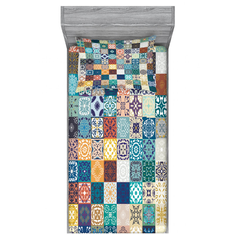 Microfiber Patchwork Sheet Set, Twin XL Sheet Set + Fitted Sheet + 2 Pillowcases, Blue Patchwork