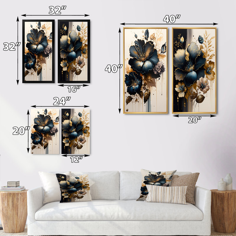 «Bleu foncé et hibiscus doré», 2 pièces sur toile, Cadre noir, H 32 po x l 32 po