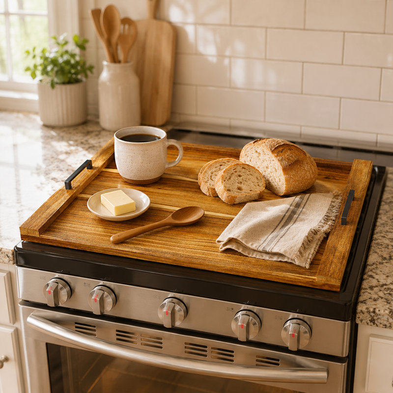 Noodle Board Stove Cover with Handles, Wooden Stove Top Cover for Gas & Electric Burners, Decorative Kitchen Tray & Oven Countertop Organizer