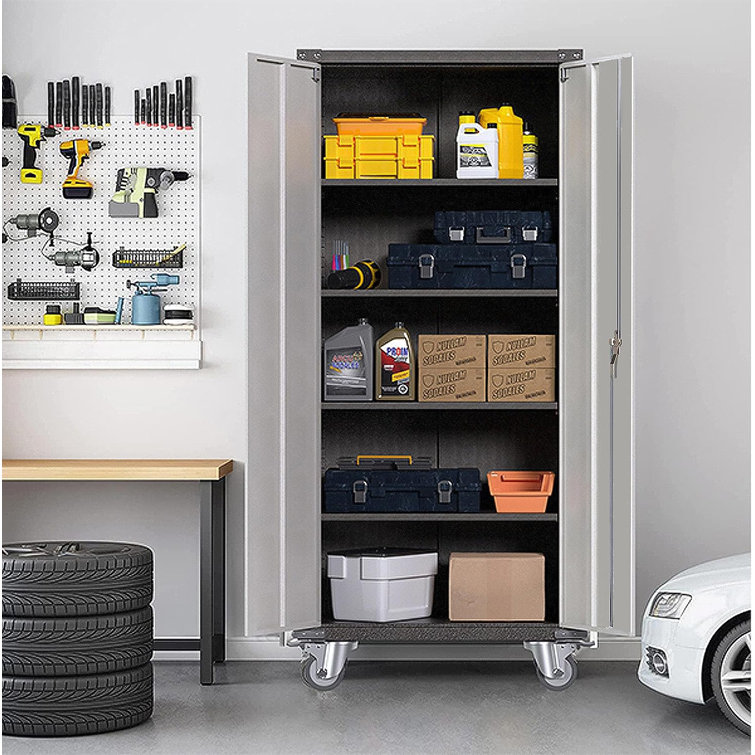 Tall Metal Garage Storage Cabinet, 72 Tool Storage Cabinet Utility Locker  with Wheels, Adjustable Shelves & Locking Doors- Pantry Cabinets for