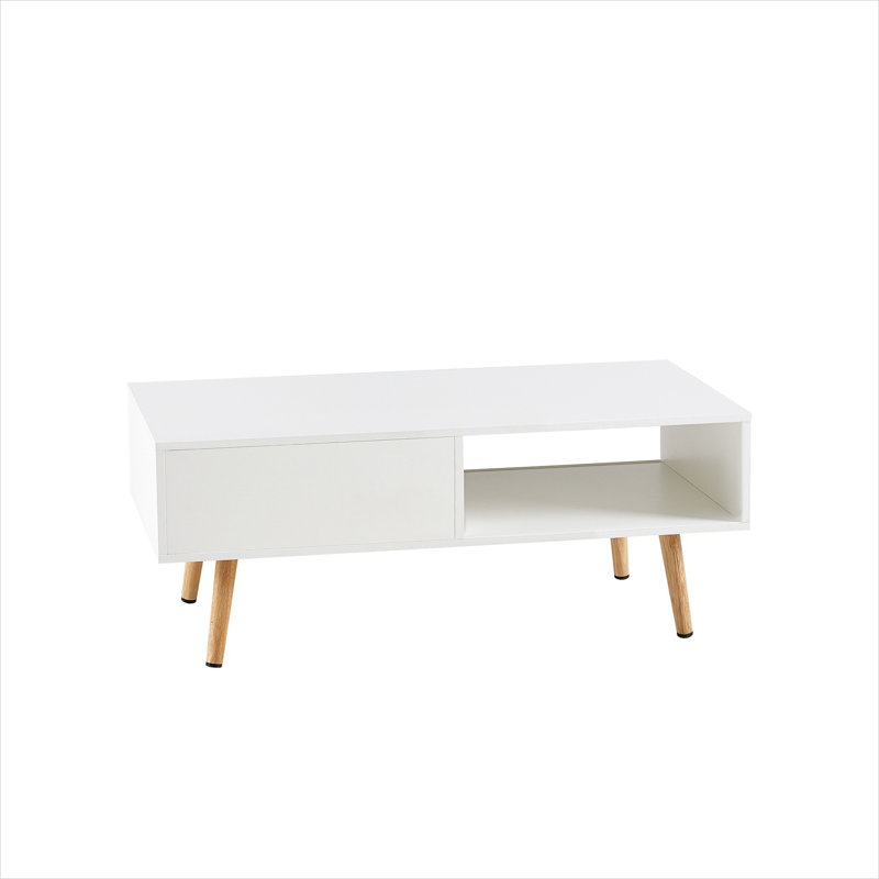 Table basse avec rangement en rotin coulissant, panneau de fibres à densité moyenne de couleur blanche et bois massif, design moderne rectangulaire 41,34
