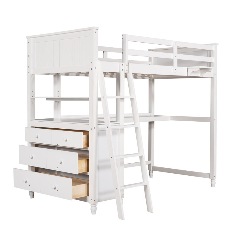 Dorie Kids 6 Drawers Wooden Loft Bed With Desk and Shelves, Full, White