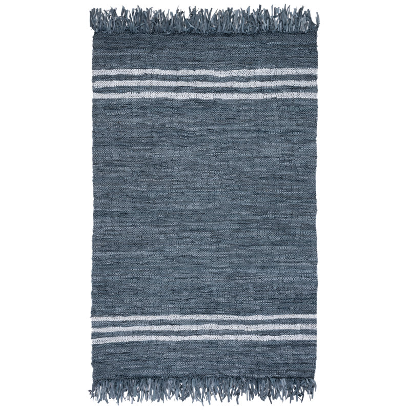 Kristell Vintage Leather Hand Woven Leather/Cotton Striped Rug in Gray/vory, Rectangle 8' x 10'