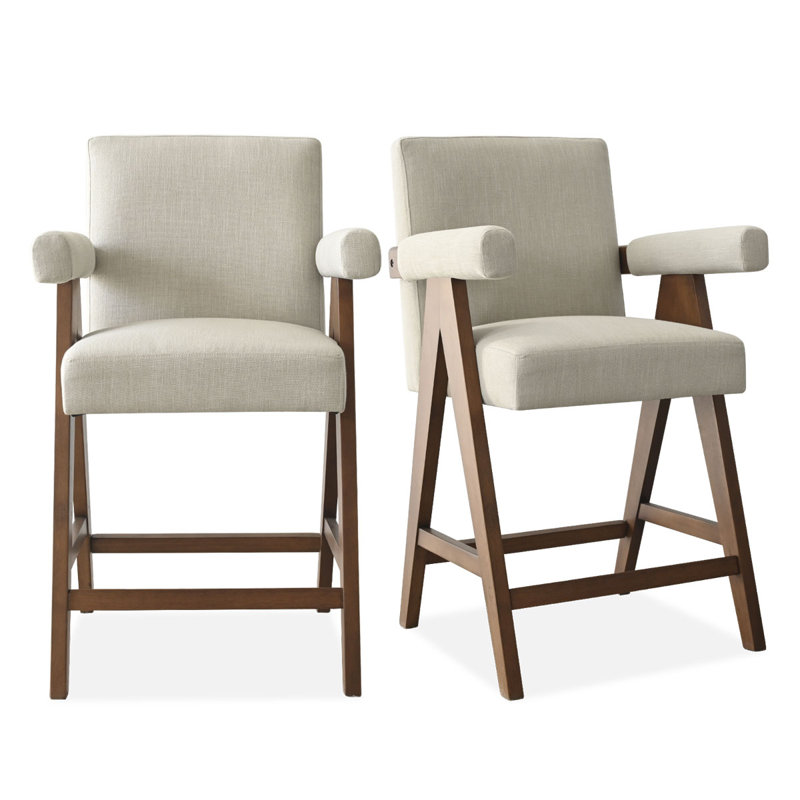 Ensemble de 2 tabourets de comptoir rembourrés en bois de noyer avec accoudoirs 25,5 po Occeus, Beige
