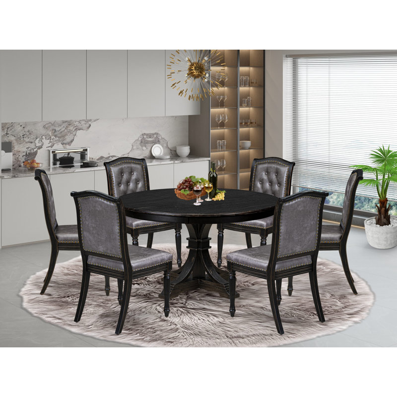 Ensemble de salle à manger 7 pièces comprenant une table et 6 chaises de salle à manger en tissu polyester gris foncé avec dossier capitonné et finition sablée noire.