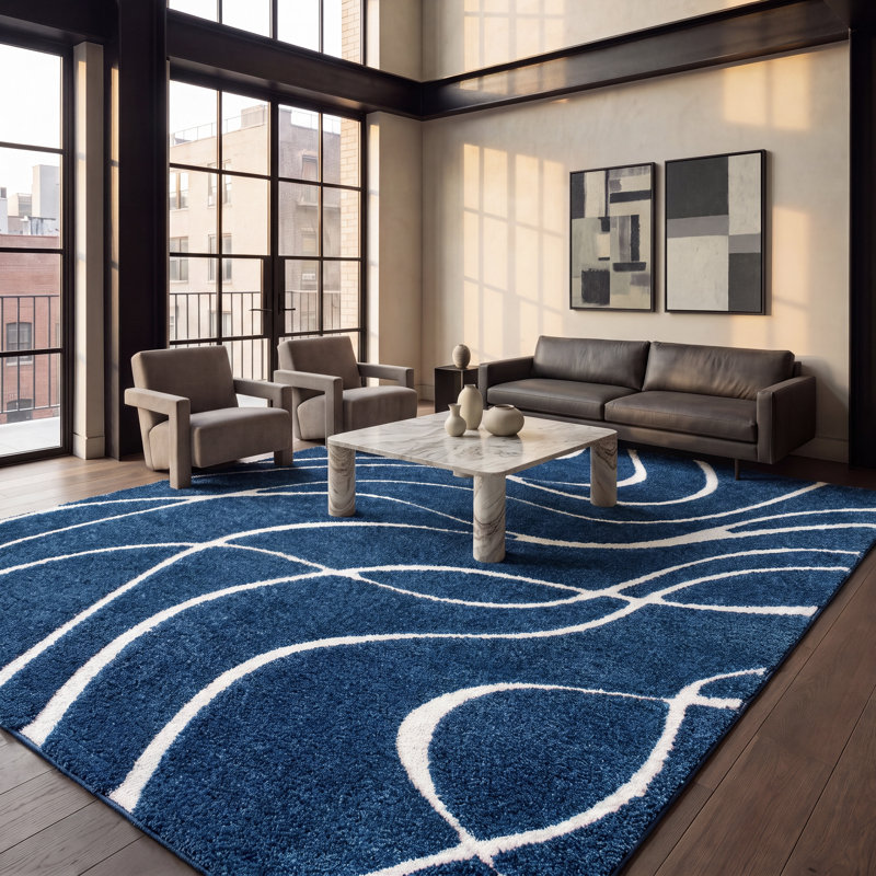 Tapis crème / beige Ashal, Dark Blue/Ivory, Rectangle 9 pi 6 po x 13 pi