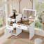 Bureau de coiffeuse 3 en 1 avec miroir rabattable, plateau en verre et rangement caché, 3 tiroirs et armoire, table de maquillage compacte