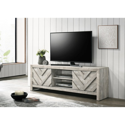 Meuble télé antique blanc avec bravoure et portes coulissantes avec tablettes ouvertes, gestion des câbles, impression sur bois, style transitionnel gris, profondeur 71,18 po, largeur 16,14 po, hauteur 23,16 po, poids de 99 lb