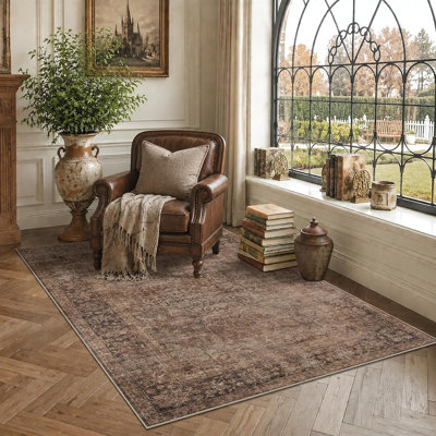 Washable Non-Slip Low Pile Rug - Vintage Style, Stain Resistant Soft Carpet