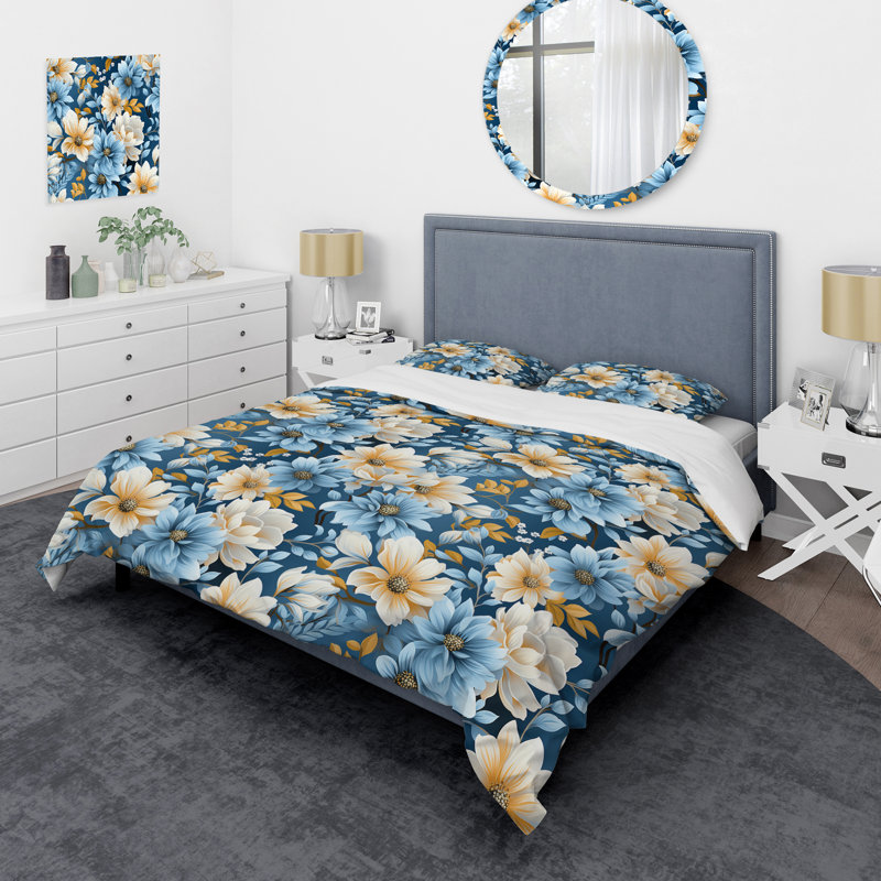 Ensemble de housse de couette jaune et bleu à motif de fleurs de ferme I, Housse de couette simple + 1 taie décorative stan