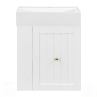 Meuble-lavabo moderne avec lavabo en céramique, armoire de rangement en panneau de fibres à densité moyenne, tiroir, tablette latérale et poignée dorée - conception peu encombrante pour les petites salles de bain