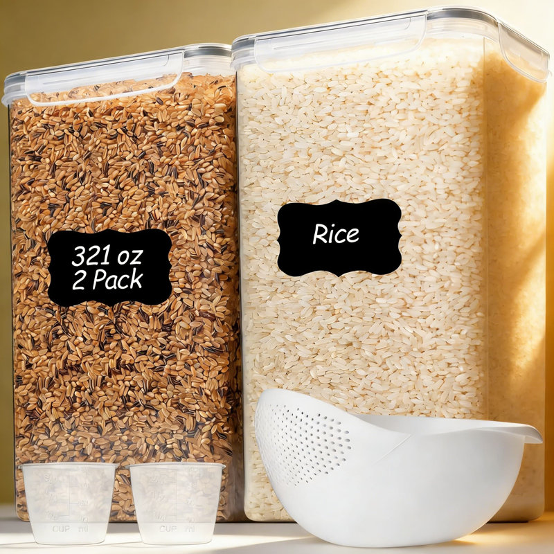 Ensemble de 2 contenants hermétiques pour aliments avec couvercles, grands contenants de cuisine de 10 pte pour le riz, la farine, les céréales et les produits secs, comprenant des tasses à mesurer et une passoire à riz
