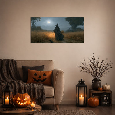 Halloween Wall Art Witch Canvas Wall Art with Raven and Lantern, Gothic Wall Art Dark Fantasy Decoration for Living Room Bedroom Entryway, Ready to Hang, Wrapped Canvas with Pine Frame, 24x12 Inch
