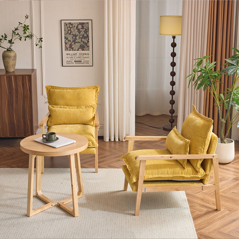 2Pcs Chenille Accent Chair Armchair With Pillow, Yellow