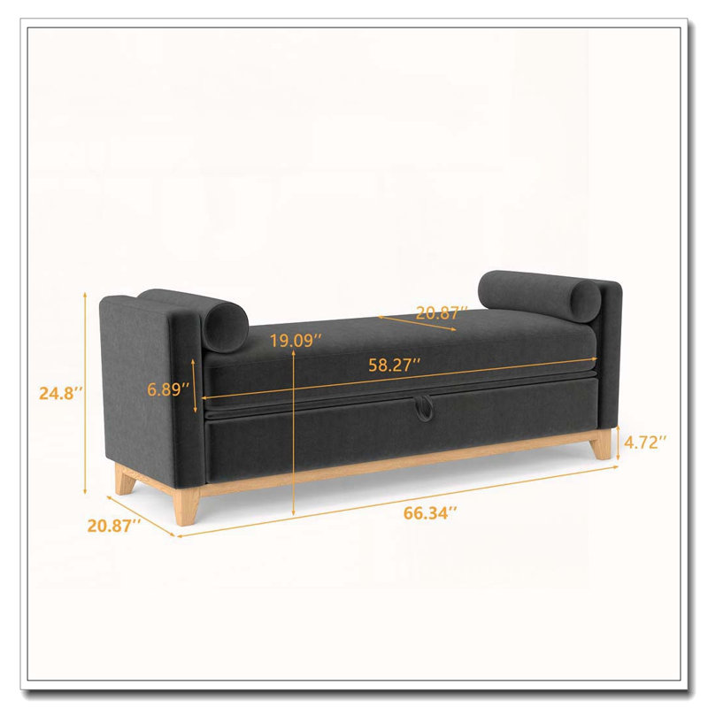 Solid Wood Upholstered Bench, 66 Inch+Storage, Black+Neutral11
