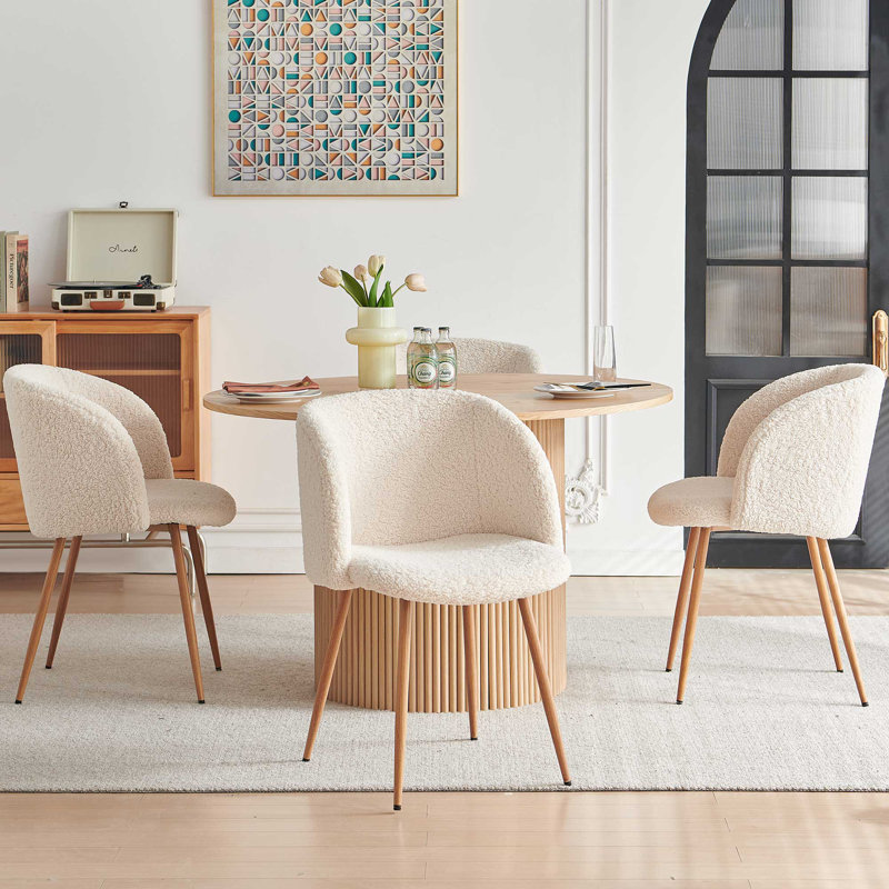 Round Table With Set Of Four Barrel Chairs, Ivory, Oak, Oak