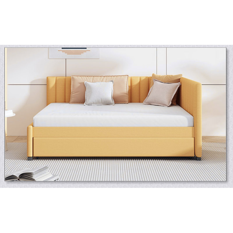 Upholstered Daybed with Trundle – Linen Sofa Bed – No Box Spring, Multi-Functional for Bedroom/Living Room, Yellow