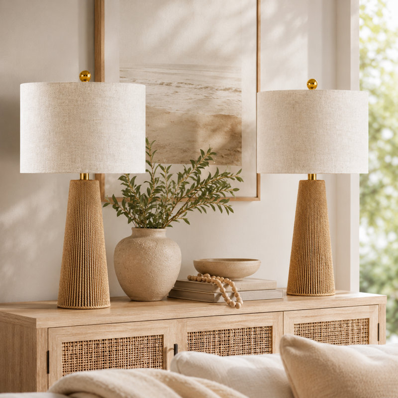 Lampe de table en rotin tissé à la main de 25,8 po avec abat-jour tambour Arcola