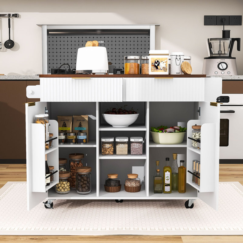 Rolling Fluted Kitchen Cart with Drop Leaf, Power Outlet, Adjustable Shelves and Storage Drawers, White