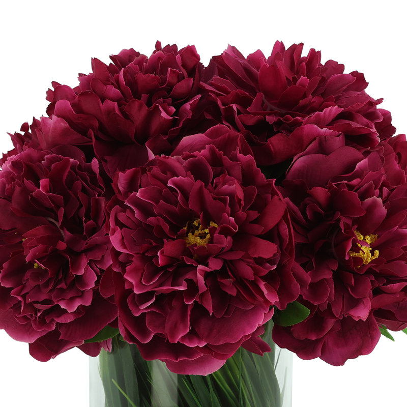 Faux Peony Arrangement in a Glass Vase, Dark Magenta