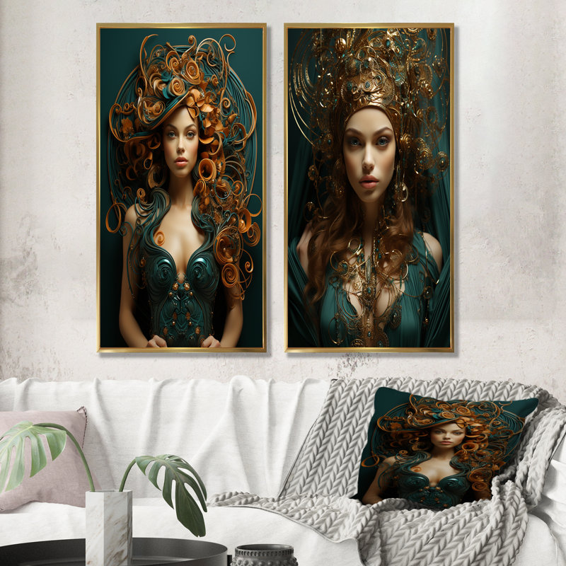 Or et vert «Queen of Style Woman I» - ensemble de 2 reproductions d'art sur toile sensuelles, Cadre flottant doré