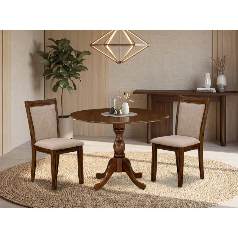 L'ensemble de table de salle à manger 3 pièces comprend une table de salle à manger ronde avec Dropleaf et 2 chaises rembourrées en tissu de lin brun clair, noyer naturel