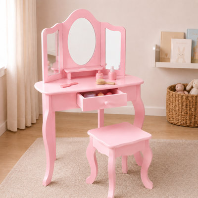 Ensemble de coiffeuse d'angle et tabouret Teamson Kids pour enfants, avec tiroirs, rose, gain de place, avec miroir triptyque.