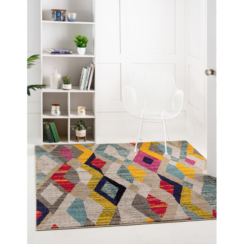 Lonniet Washable Geometric Indoor Rug, Square 6'1"