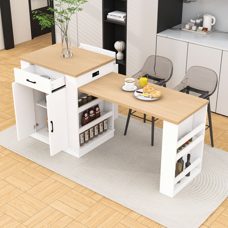 Extendable Kitchen Island with Drawers, Double-Door Cabinet, Open Shelving and Telescoping Countertop, White