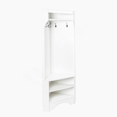 Minimalist Corner Hall Tree With Shoe Bench, Versatile Entryway Coat Rack With 4 Hooks, Corner Cabinet With Adjustable Shelf