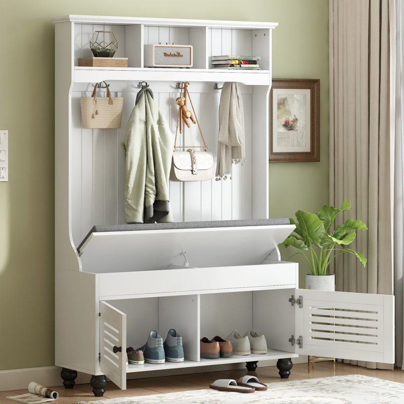 Banc d'entrée 5 en 1 avec portes à volets, portemanteau, coussin et 4 crochets robustes, portemanteau de 47,2 po de largeur pour une vie organisée