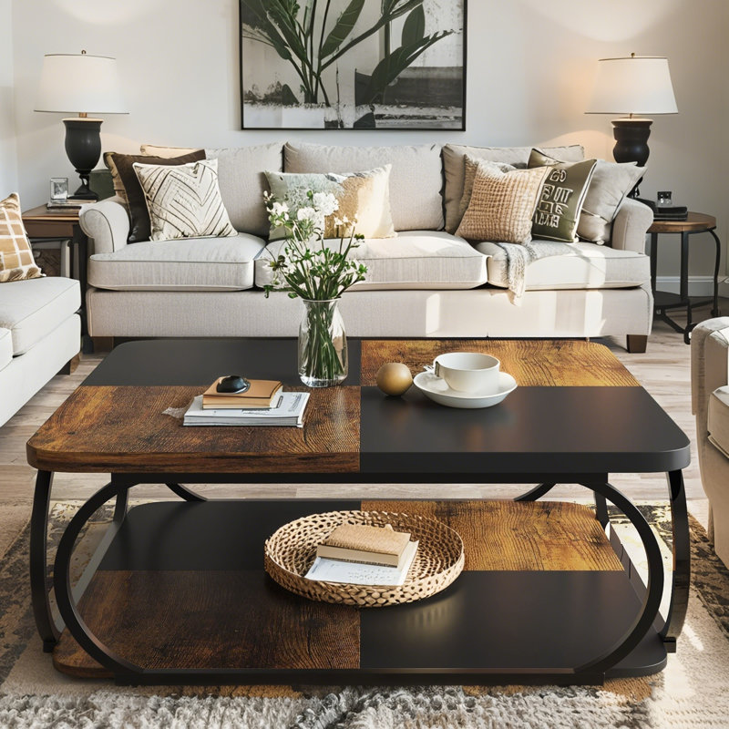 Square Coffee Table, 39.4" Central Cocktail Table with 2-Tier Shelves for Living Room, Brown/Black