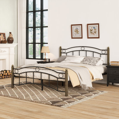 Full Size Metal Bed with Wavy Headboard and Footboard, Black + Gold
