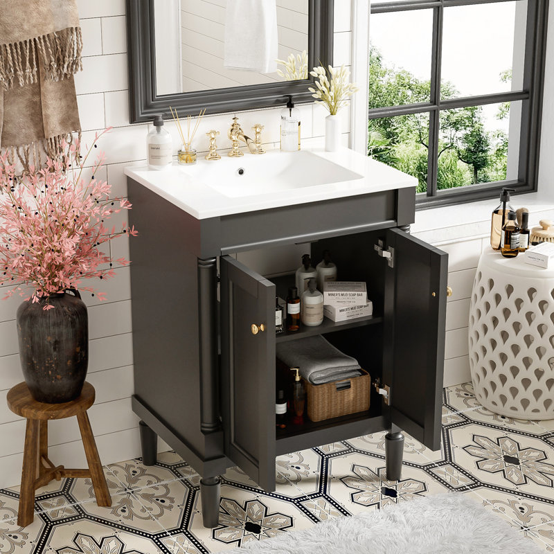Meuble-lavabo moderne de 24 pouces avec lavabo en céramique et rangement spacieux, panneau de fibres à densité moyenne durable et structure en bois massif, parfait pour les espaces compacts