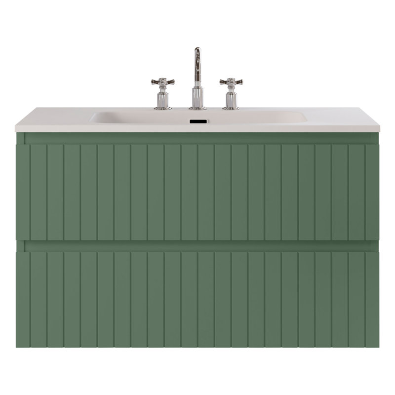 Meuble-lavabo simple flottant cannelé 36 po Atharv, Vert forêt, L 36 po
