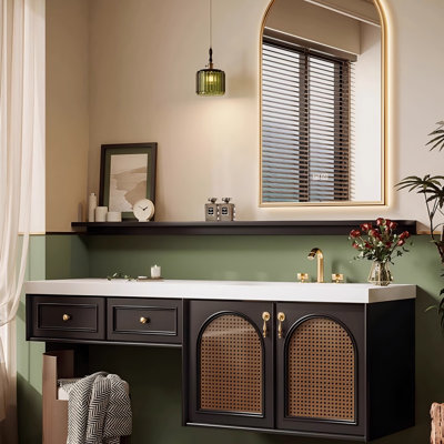 Meuble-lavabo mural 59,06 po en rotin de bois massif avec miroir intelligent