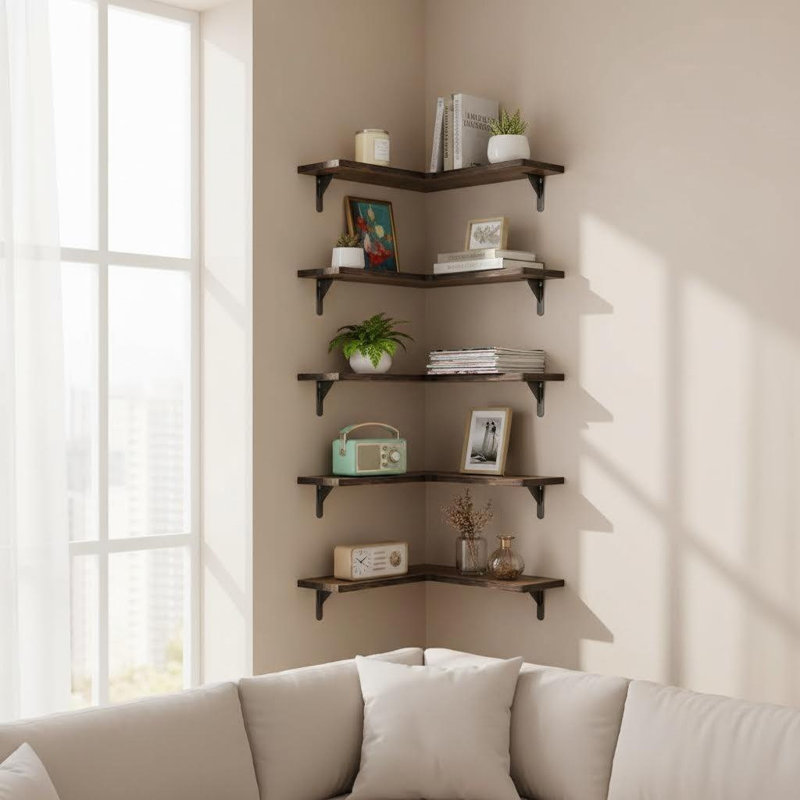 5-tier Storage Rack Wall Mounted L-shaped Floating Shelves, Paulownia Wood & Metal, For Bedroom Living Room Kitchen Bathroom