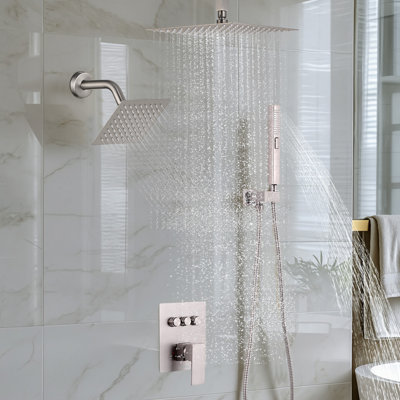Ensemble de robinet de douche, système de douche à pluie au plafond de 10 pouces avec tête de fixation murale de 6 pouces et douchette portative 2 en 1, valve rotative à double fonction en laiton à 3 fonctions et ensemble de garniture, nickel brossé