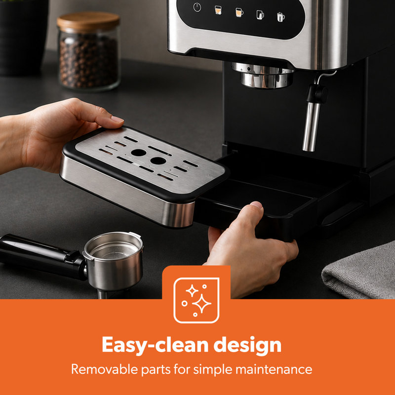 GEEPAS Espresso & Cappuccino Coffee Machine with Milk Frother, 20 Bar Pressure | 1.5L Water Tank Capacity, Stainless Steel Housing | 1100W, Silver, Ideal for Barista Quality Beverages