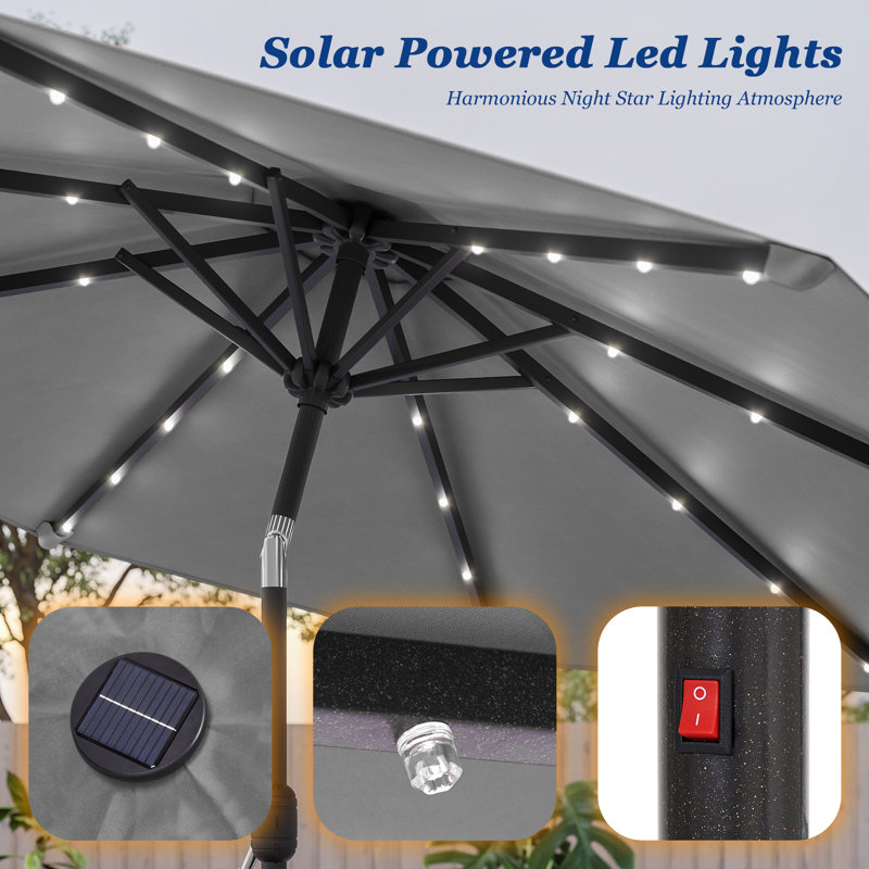 Parasol de marché extérieur de 3 m (10 pi) avec éclairage DEL et inclinaison par bouton-poussoir, idéal pour terrasse, jardin et piscine, toutes saisons.