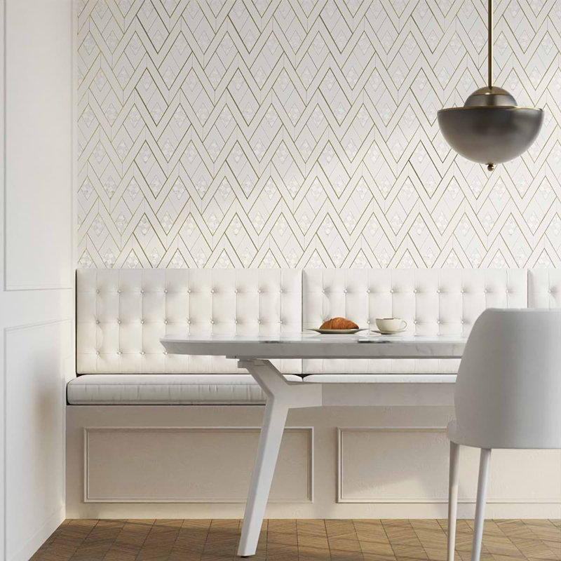 Zeta 12x16 Polished Marble and Brass Inlay Waterjet Mosaic Tile, Pearl White