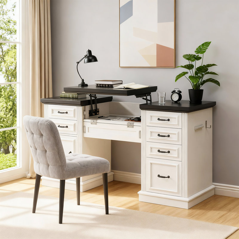 58In L-Shaped Desk With Adjustable Standing Top, Storage Drawers & Charging Ports, Black/White