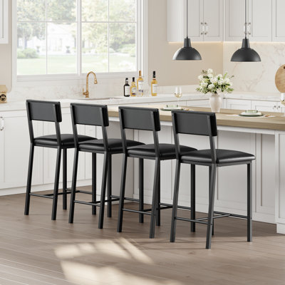 Set of 4 Bar Stools with PU Leather Upholstery, Ergonomic Design with 400 lbs Capacity, Heavy-Duty Steel Frame Bar Chairs for Kitchen Island, Home Bar, Dining Area – Black