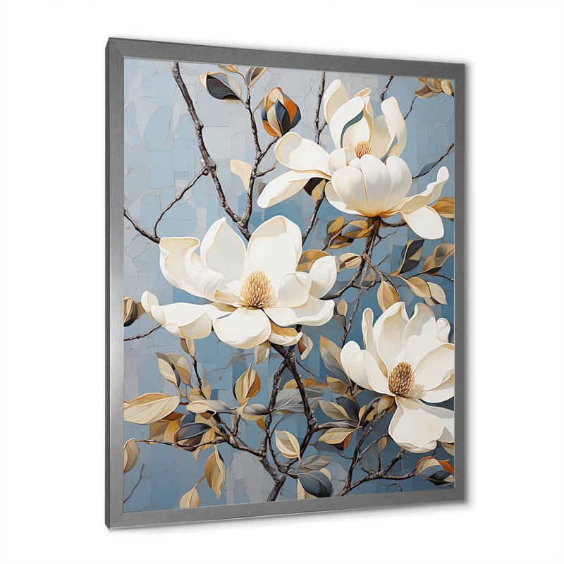 «Elegant White and Blue Magnolias Tranquility IV», reproduction sur toile, Cadre naturel flottant