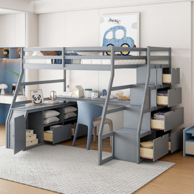 Lit mezzanine double avec 7 tiroirs, 2 tablettes et un bureau