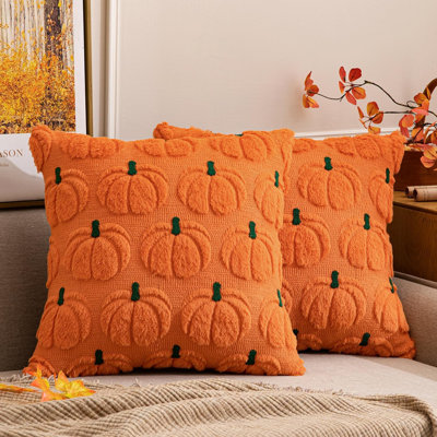 Housses de coussin citrouille d'automne, décoration automnale, tige orange et verte, 50 x 50 cm, motif récolte d'automne, lot de 2, douce fourrure synthétique pelucheuse, style ferme, Halloween, porche, carrosse, chambre