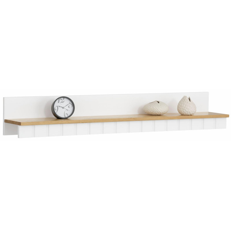 Finney T-Shaped Pine Solid Wood Floating Shelf with Hooks, White 