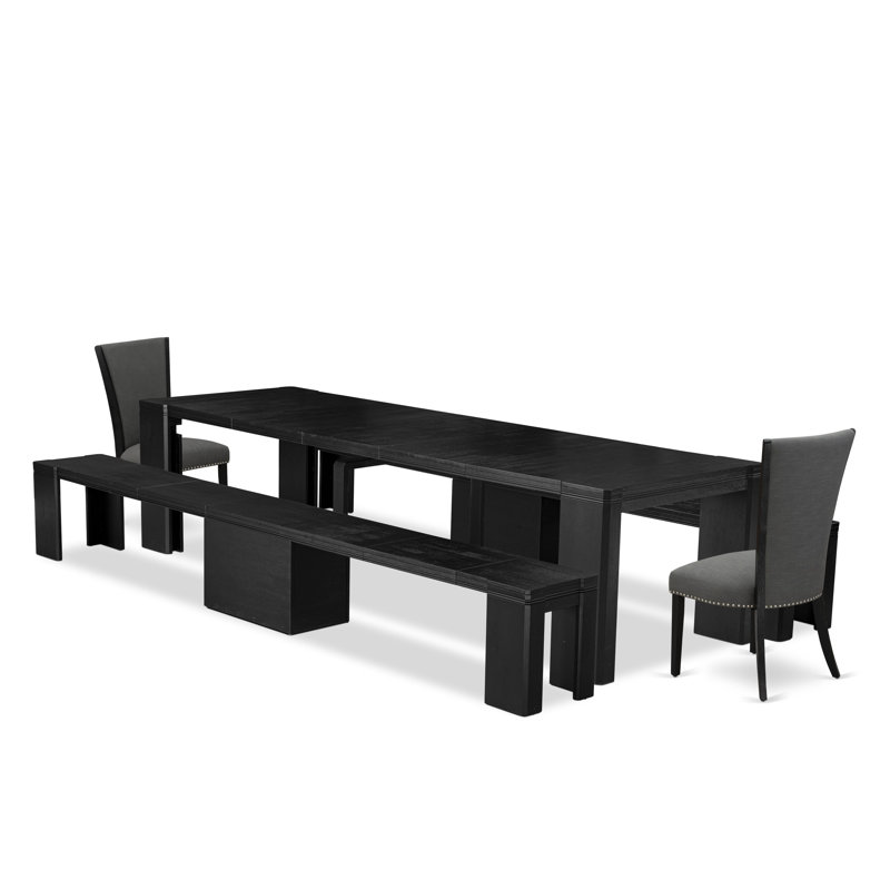 Ensemble de table de salle à manger 5 pièces comprenant une table de salle à manger rectangulaire, 2 bancs en bois et 2 chaises en tissu gris foncé Gotham, noir brossé